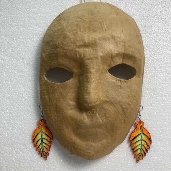 Hand Made Fall Orange Wooden Leaf Earrings Painted Wooden Autumn One of a Kind - Picture 6 of 10